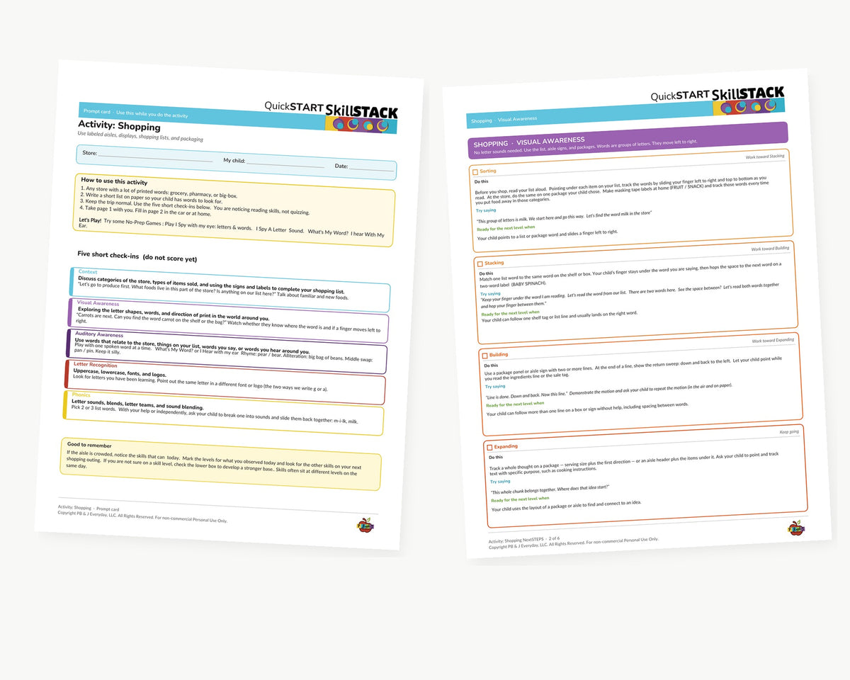 Two printed worksheet pages from QuickStart SkillStack, titled 'Activity: Shopping' and 'Planning: Shopping Plans', shown on a light gray background.