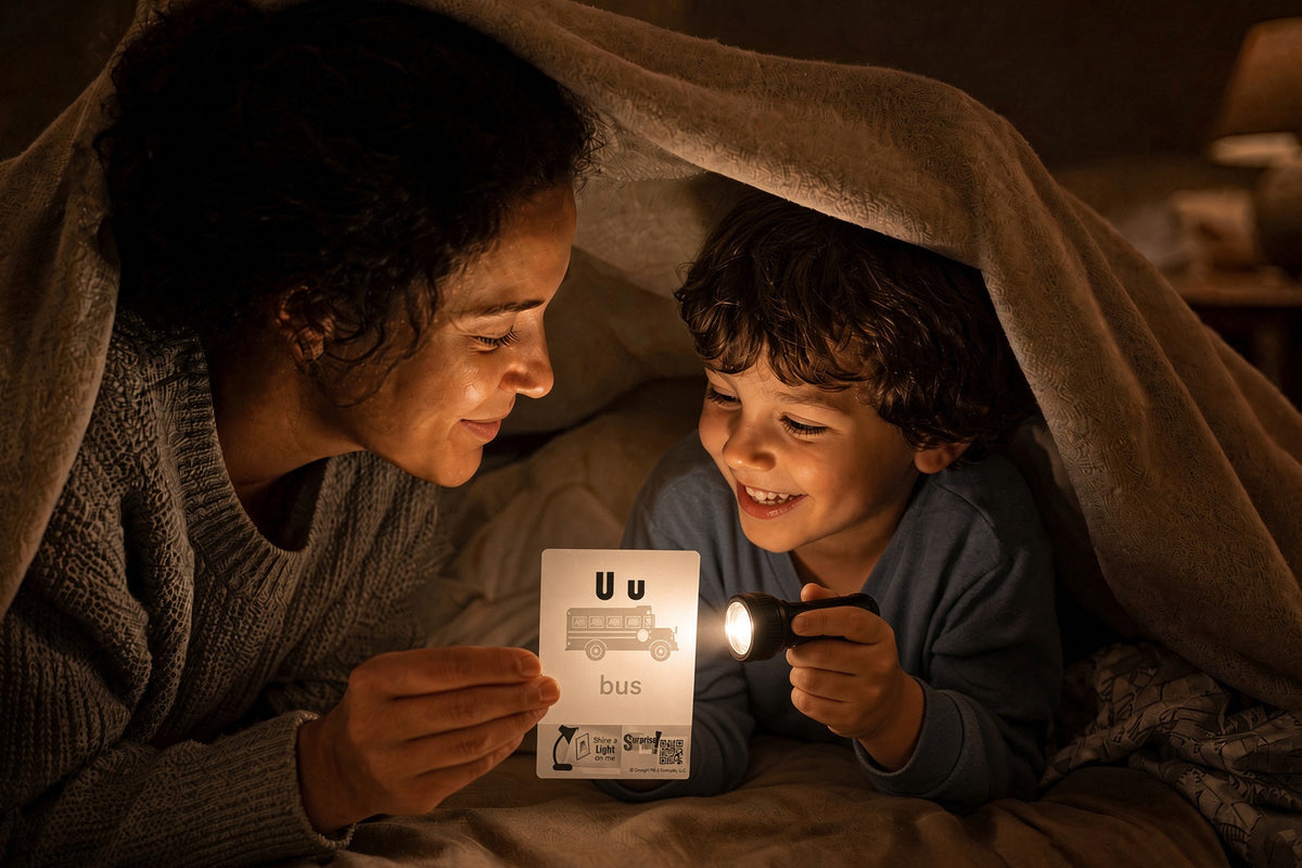 Parent and child Shadow card U u at night with flashlight